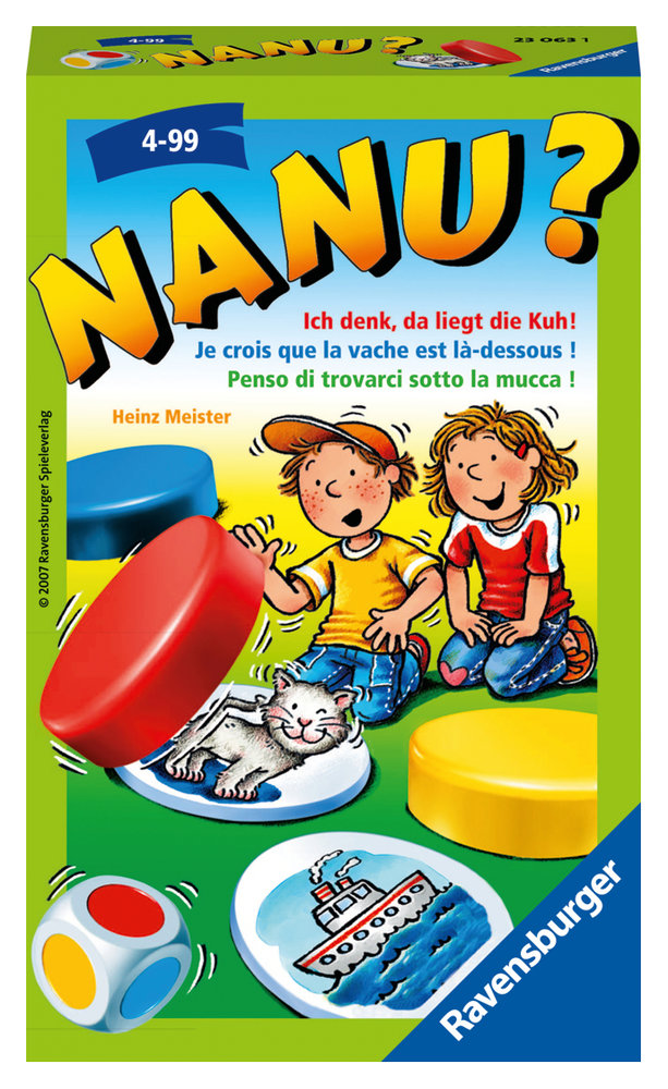 Ravensburger 23063 - Nanu? Mitbringspiel für 2-4 Spieler, Merkspiel ab 4 Jahren, kompaktes Format, Reisespiel, Würfelspiel